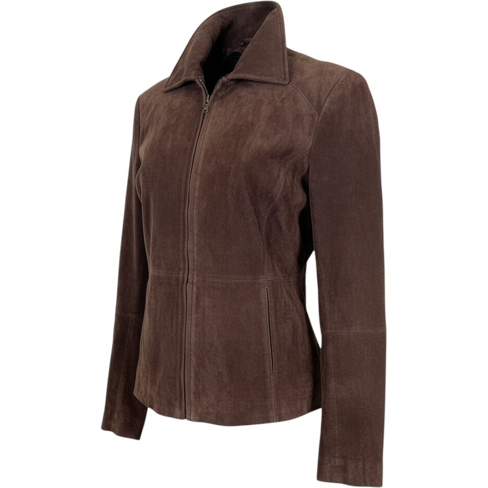 Relativity Brown Genuine Leather Suede Zip Up Jacket Womens Large Point Collar